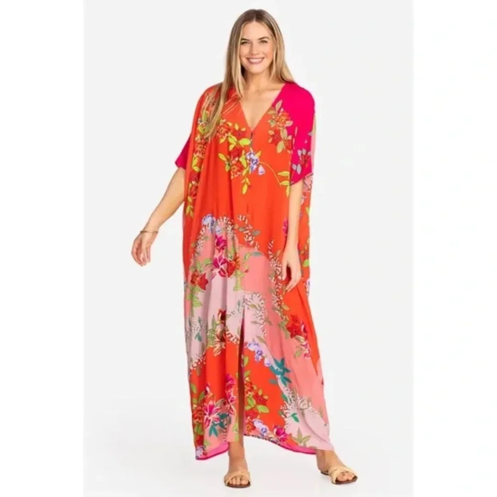 Johnny Was Nanya V-Neck Oversized Floral Print Maxi Kaftan in Red Blush Sz L/XL - Picture 12 of 12
